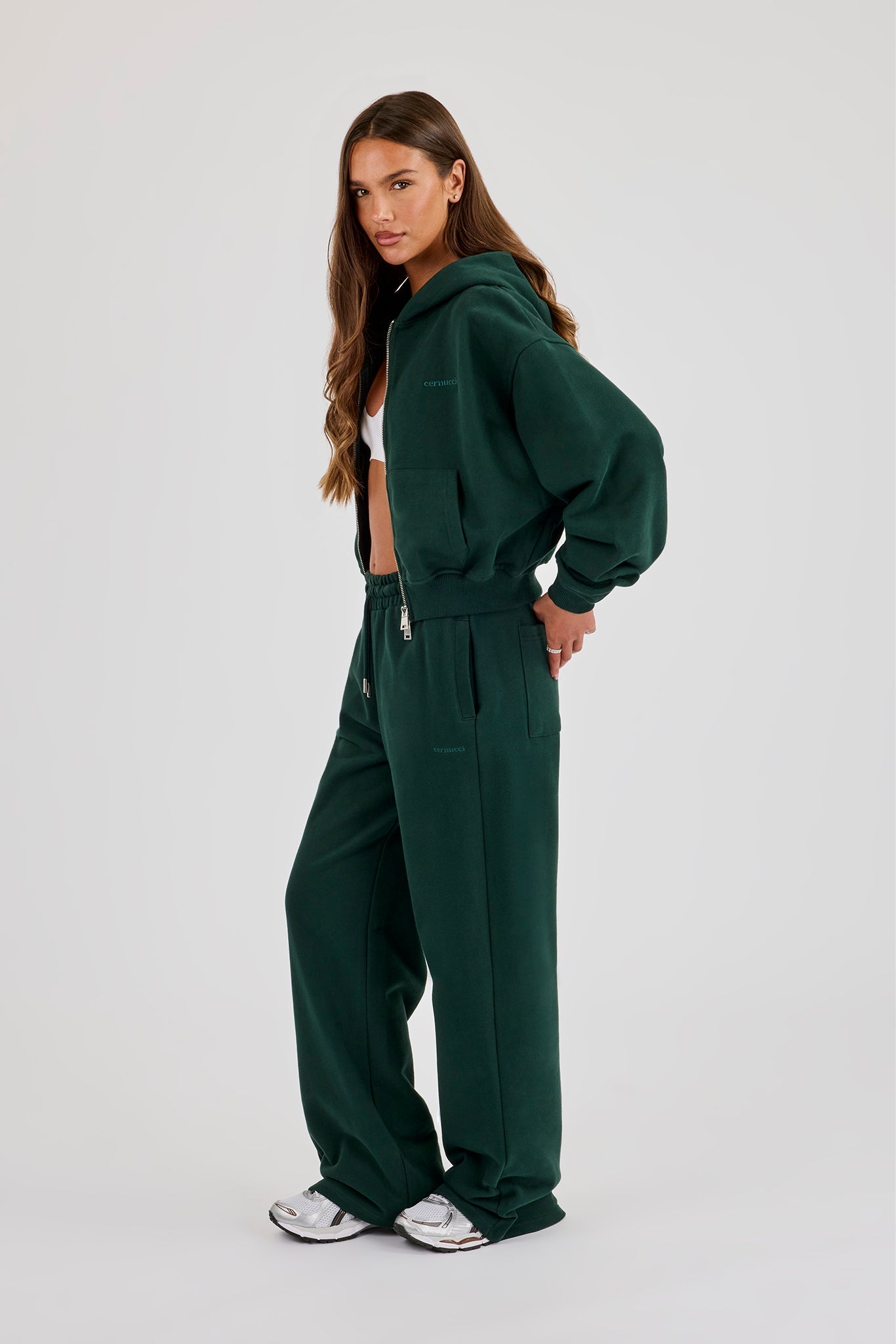 Cernucci Cropped Zip Through Hoodie & Wide Leg Jogger Alpine Green